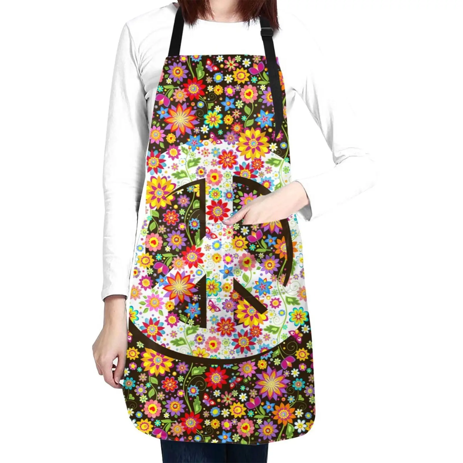 

Hippie Peace Sign Waterproof Apron For Adults Colorful Flowers Chef With Roomy Pockets For Kitchen Crafting Drawing