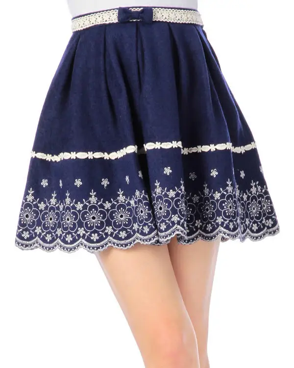 

Japan Liz Lisa Winter Wool Blended Bow Half Skirt Woolen Lace Embroidery Mini Skirts