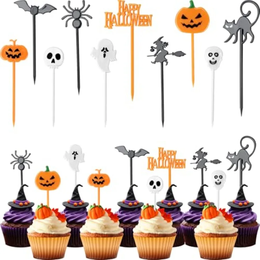 50 palillos de dientes de plástico para Halloween, 10 tipos de tema de Halloween, decoración para cupcakes, selecciones de comida, calabaza, fantasma, ull, araña, murciélago, decorativo