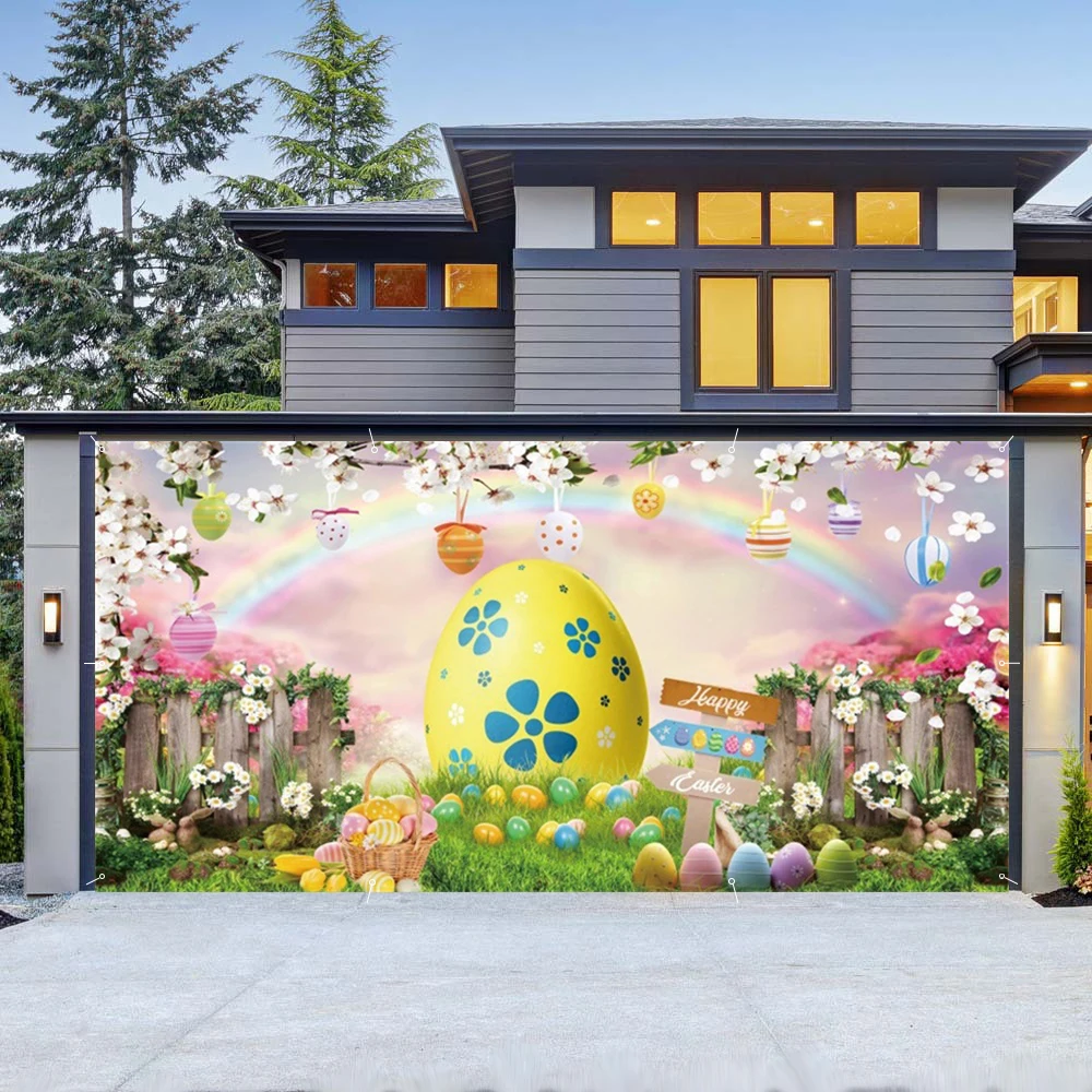 สําหรับโรงรถบ้านประตูตกแต่งแบนเนอร์ธีมอีสเตอร์สีไข่ฤดูใบไม้ผลิทุ่งหญ้าดอกไม้ Rainbow Bunny Porch ตกแต่งแบนเนอร์ขนาดใหญ่