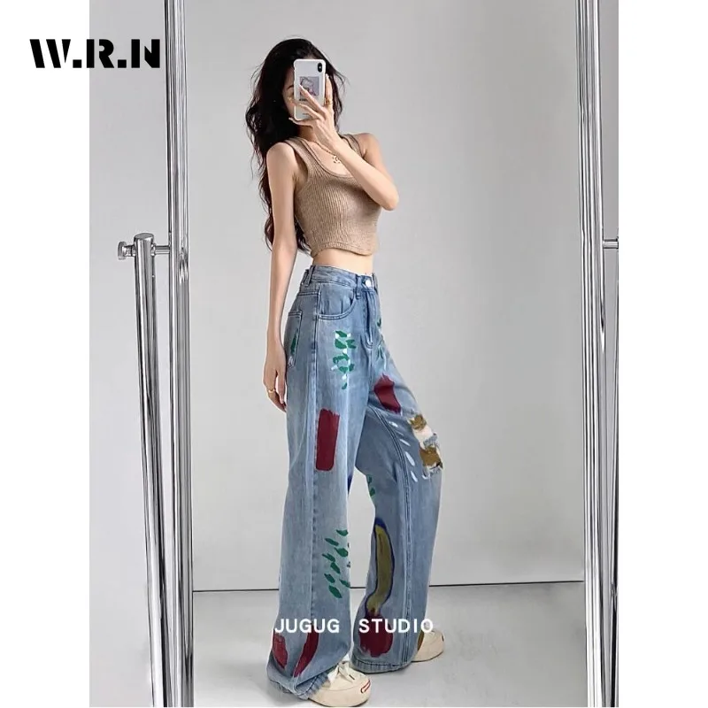 American Vintage High Taille Print Straight Jeans Hosen Damen lässig Baggy Y2k weites Bein Grunge Streetwear Stil Jeans hose