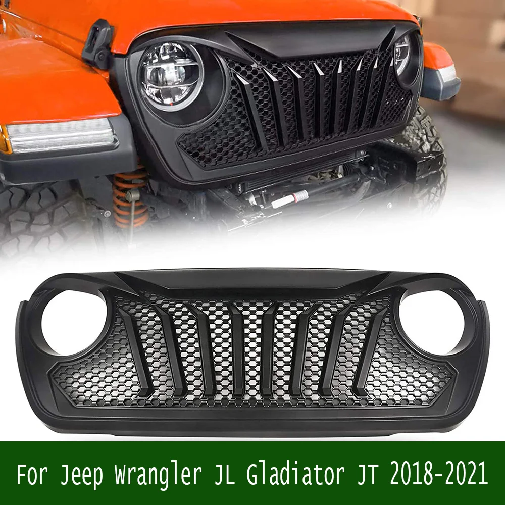 

For Jeep Wrangler JL Gladiator JT 2018-2021 Exterior Accessories Racing Grille Bumper Upper Grills Mesh Cover Wiht LED Light