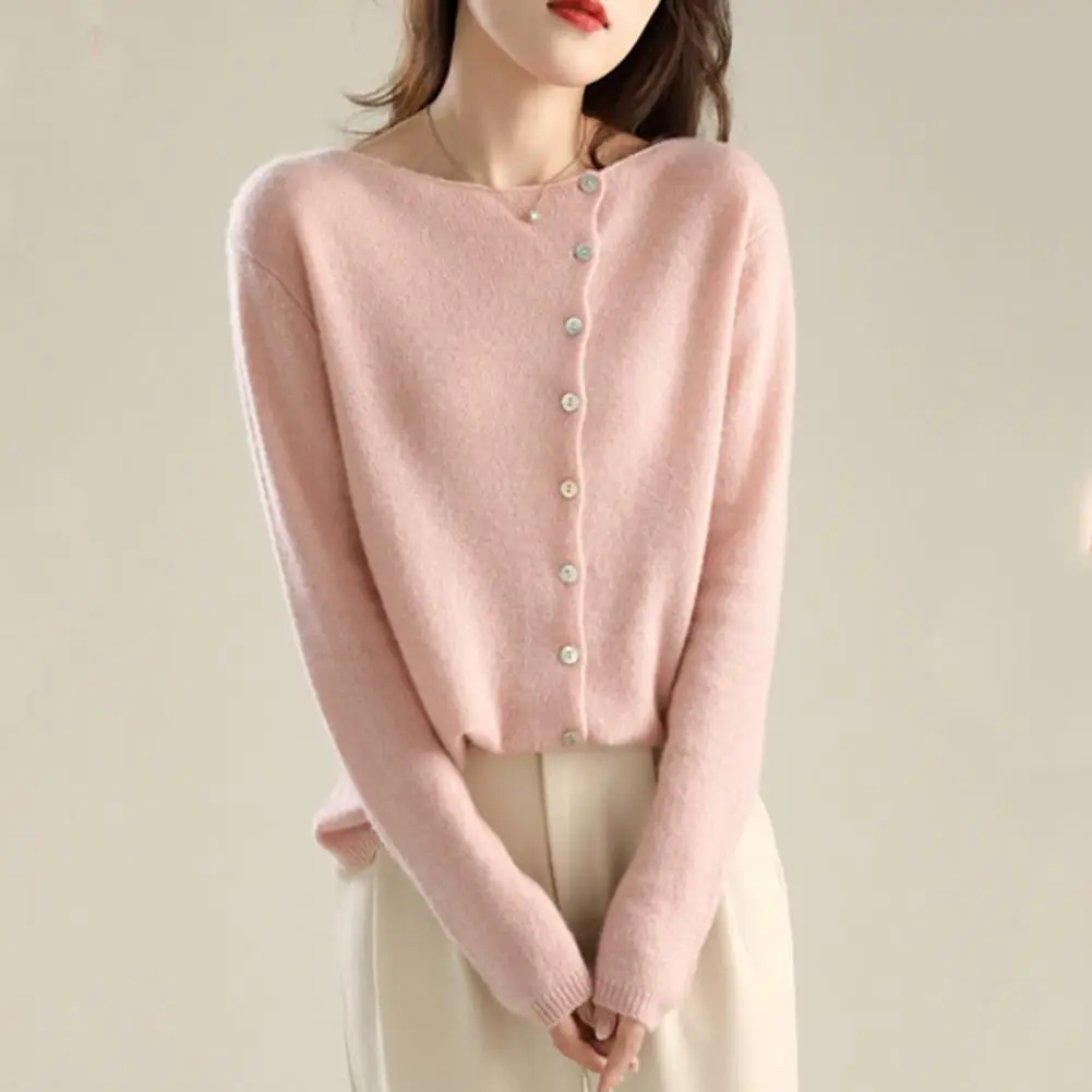 Adjustable Neckline Women Shirt Solid Color Round Neck Blouse Stylish Knitting Tops for Women Long Sleeve Round Neck for Wear