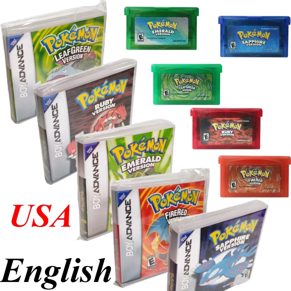 Pokémon 32 Bit Video English USA Version GBA Game Card Bundle Ruby Sapphire Emerald FireRed LeafGreen Gameboy Advance Cartridge