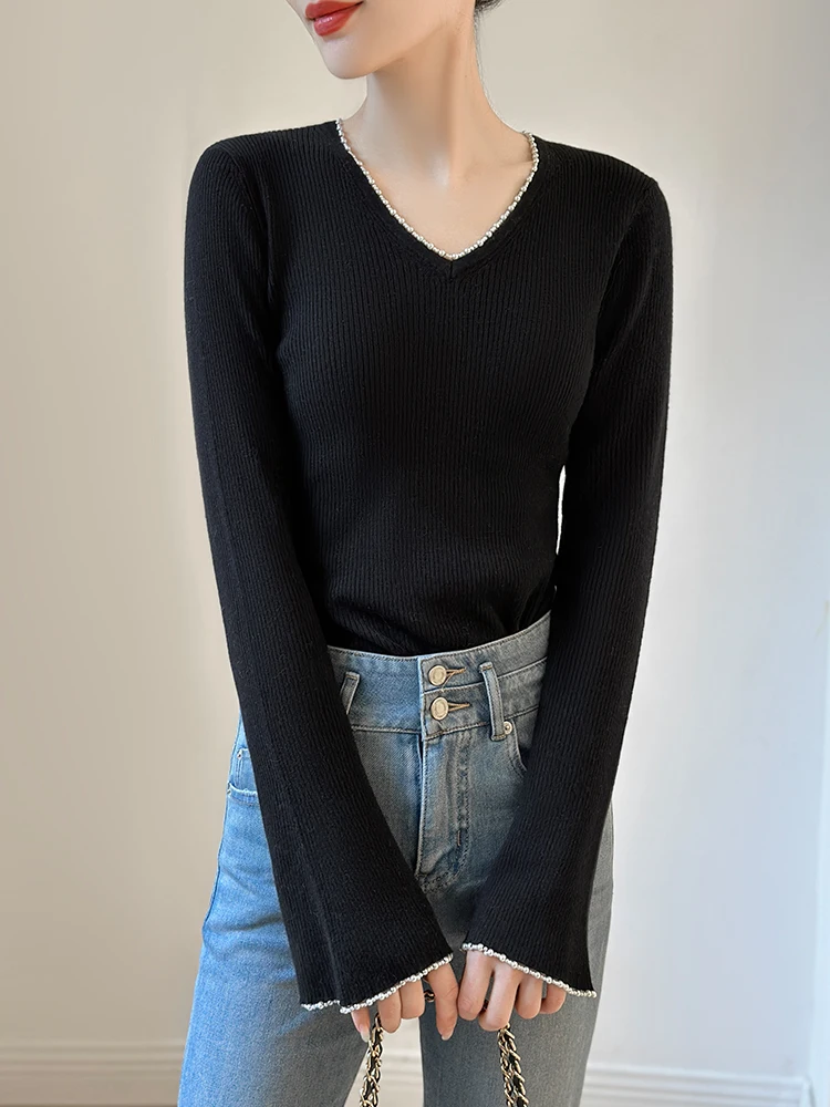 

Ele V-Ne Pearl Trim Knitted Slim Fit Base irt Women's Long Sve Bell Sve Woolen Knitwear Autumn New Sle