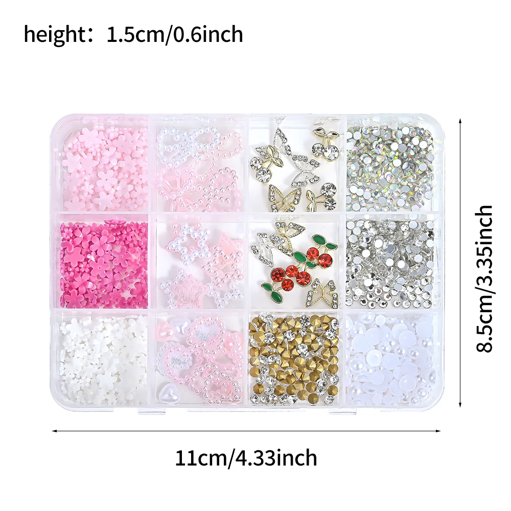 Set di 12 Decorazioni per Unghie Primavera/Estate con Fiori Rosa, Fiocchi, Farfalle, Ciliegie, Cuori, Perle e Strass