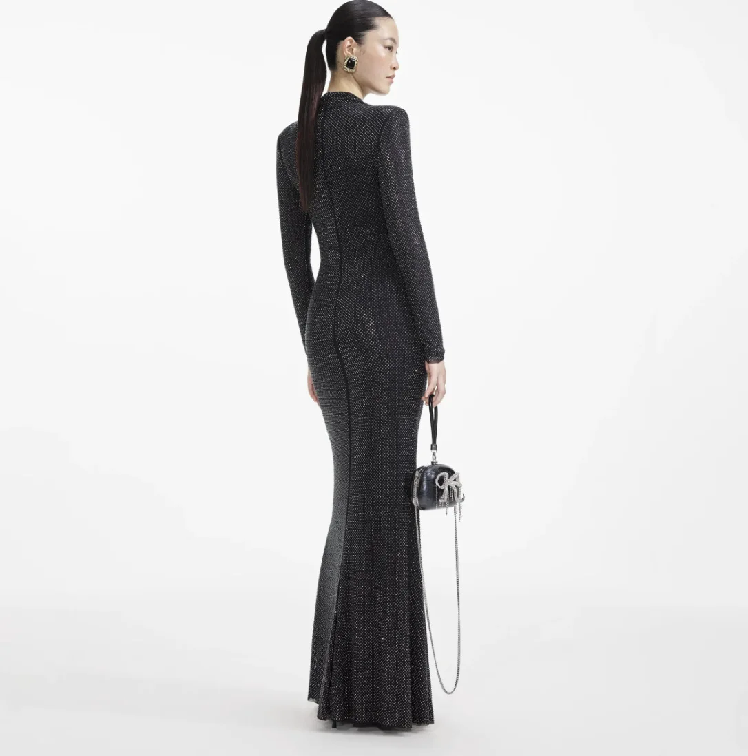2026 New Women Celebrity Sexy Long Sleeve O Neck Cut Out Beading Black Midi Bodycon Dress Elegant Evening Club Party Outfit