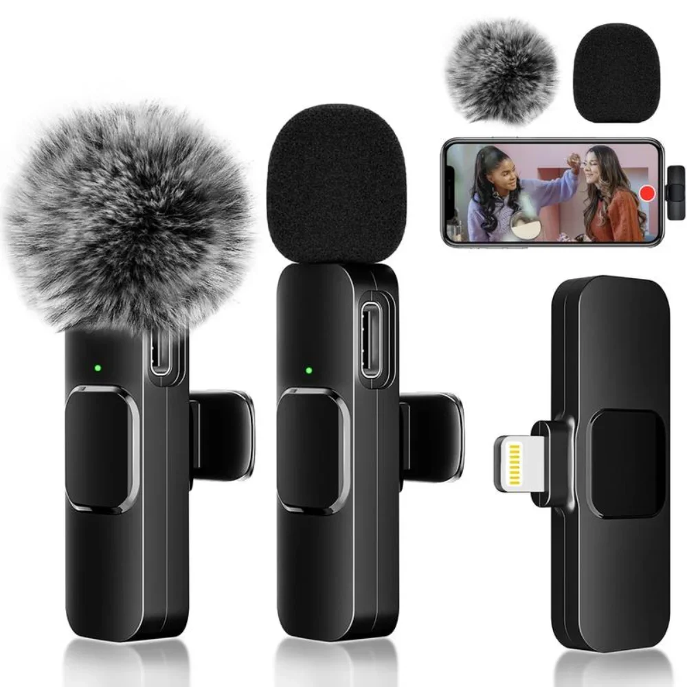 2 Microfones Lavalier Sem Fio para iPhone, Android e iPad, Microfone Mini Clip-on com Qualidade de Som Cristalina