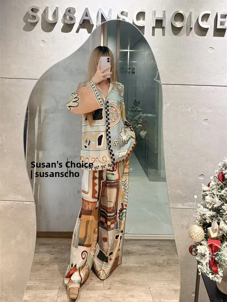 

Susan Australian Faion Color Blo Silk fiti Print irt Комплект широких брюк Женская повседневная зимняя коллекция Sle