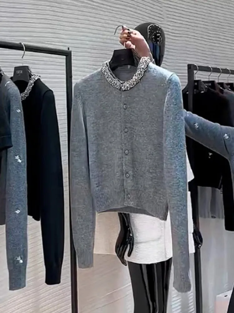 エレガントなニットのダイヤモンド装飾入りカジュアル長袖ラウンドネックオープンカーディガン、スリムデザインでおしゃれな通勤スタイルレディースセーター