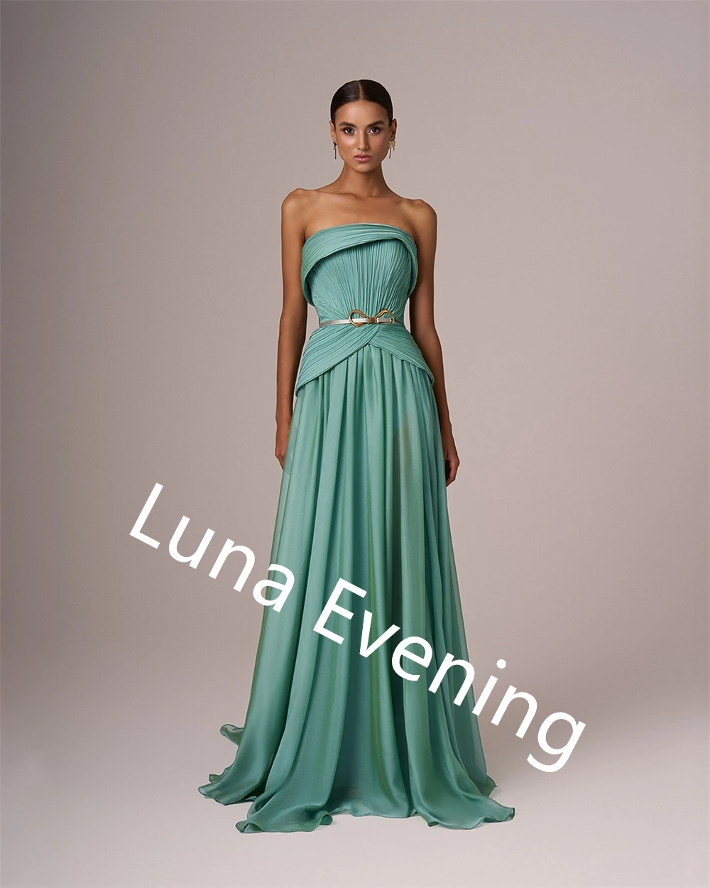 Customized  Delicate  Green Chiffon Evening Dress Strapless Sleeveless Celebrity Gowns Belt Special Occasion Gowns Luxu image 5