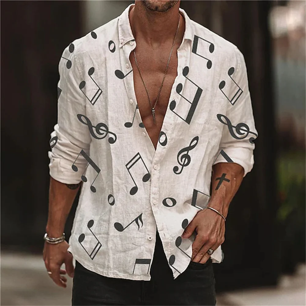 New men\'s shirt graphic printing notes beige casual long-sleeved button clothing sports fashion design S-6XL summer 2023