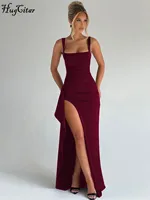Hugcitar mujeres elegante correas sólidas hendidura acanalada Patchwork Sexy ceñido Maxi vestido trajes de verano fiesta de noche Festival de cumpleaños