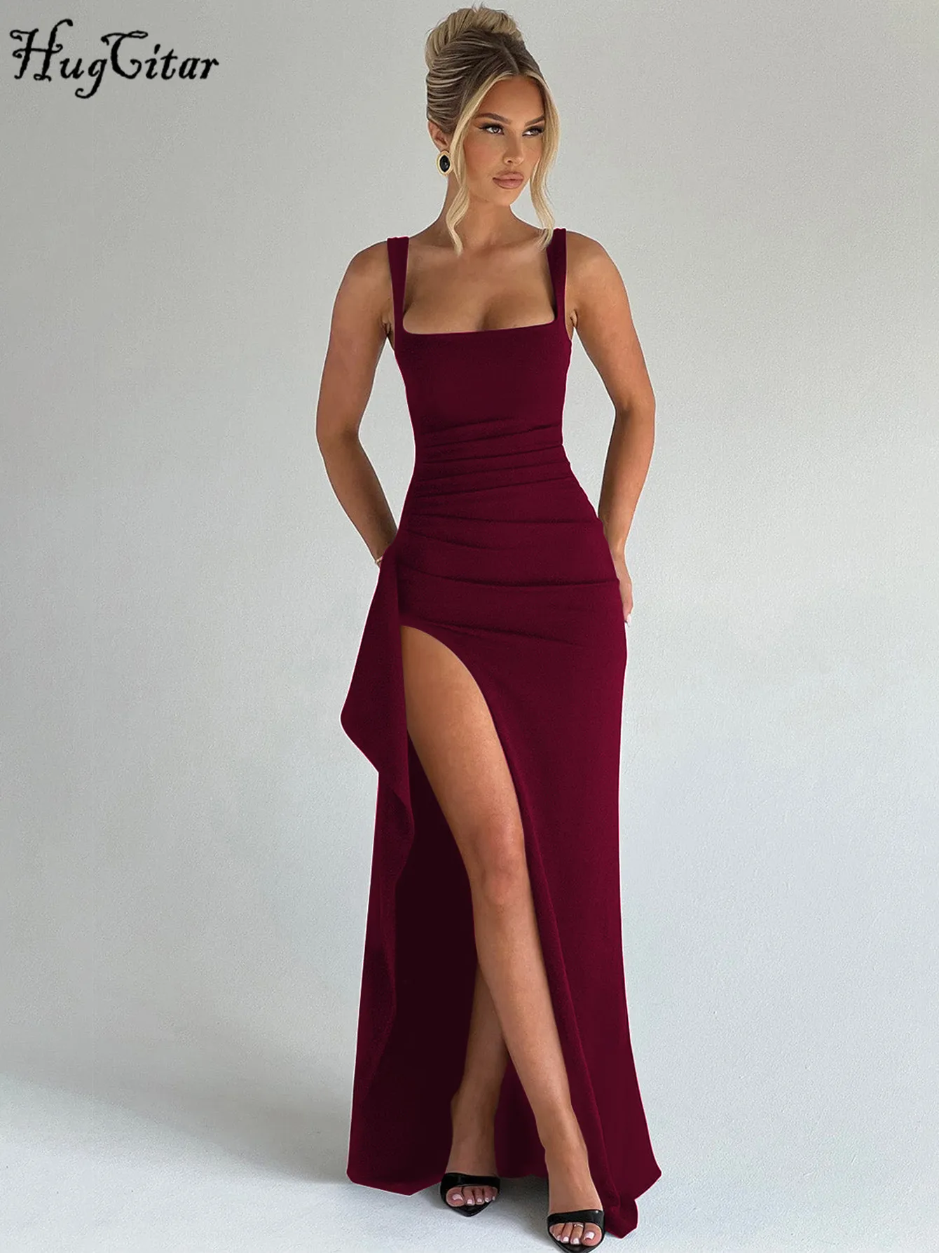 Hugcitar Women Elegant Solid Straps Slit Ruched Patchwork Sexy Bodycon Maxi Dress Summer Outfits Evening Party Birthday Festival