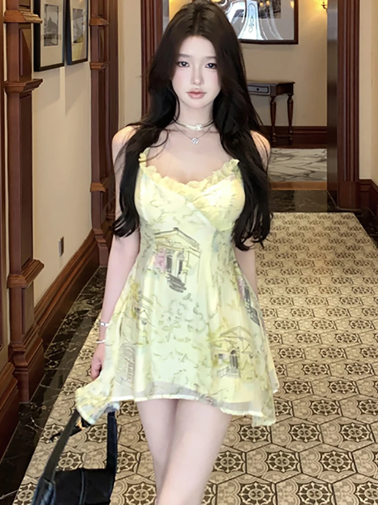 여름 화이트 플로럴 시크 레이스 V넥 섹시 슬링 미니 드레스 여성 우아한 캐주얼 탑 셔츠 2025 신상 한국 바디콘 카와이 드레스