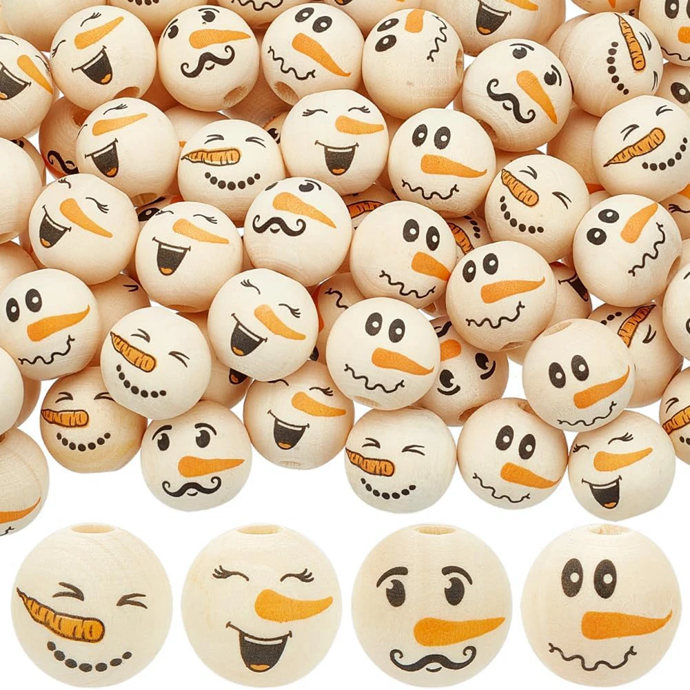 40pcs 4 Styles Snowman Wood Beads, Wooden Beads Ball Head Beads with Hole Spacer Beads Wooden Loose Beads for DIY Making Crafts