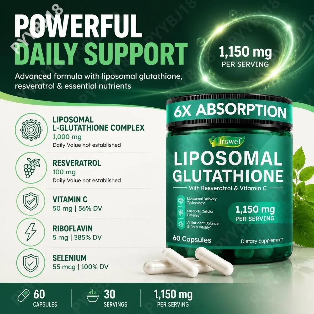 Liposomal Glutathione Capsules 6X Absorption 1150mg with Resveratrol & Vitamin C for Antioxidant Balance & Daily Vitality 60 Ct
