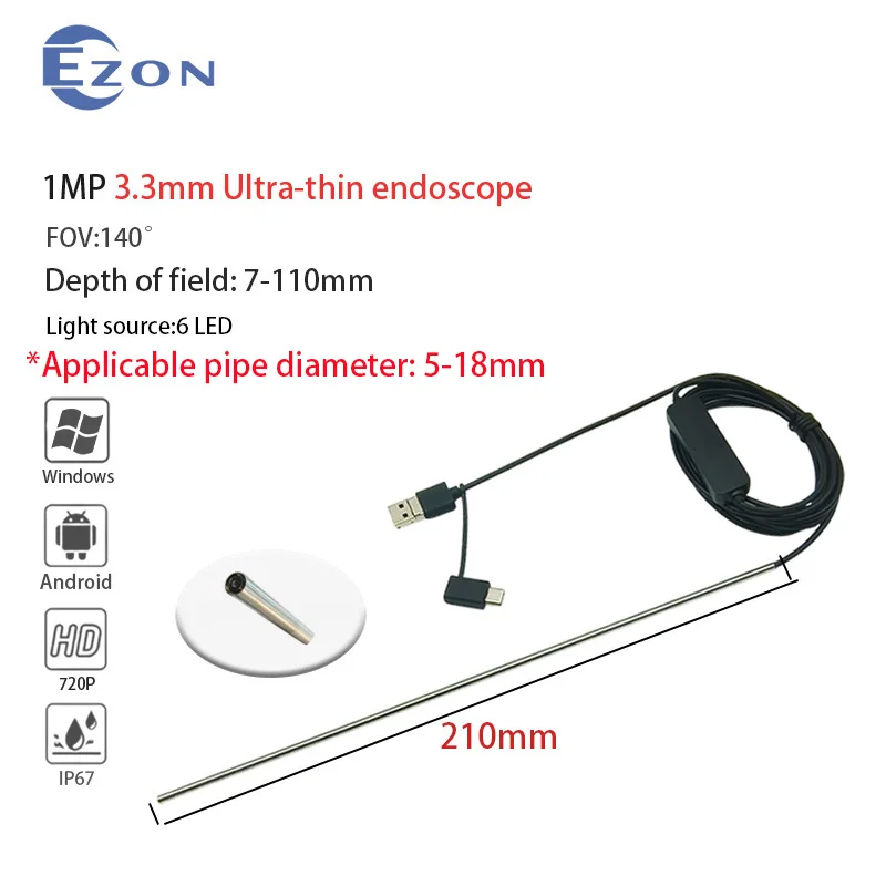 1MP 3.3mm 140° Long Tube Wide Angle Industrial Endoscope Camera for Pipes 2m USB Type-C Android 3-in-1 Soft Cord Endoscope Probe