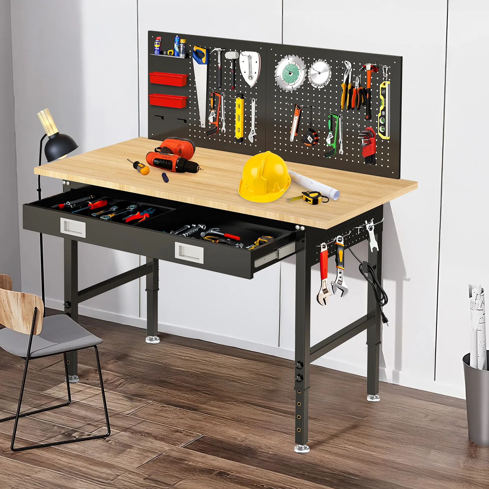 

MUWOOD 48" Adjustable Workbench with Drawers, 2000 LBS Capacity, Rubber wood with Power Outlet & Pegboard for Home and Workshop