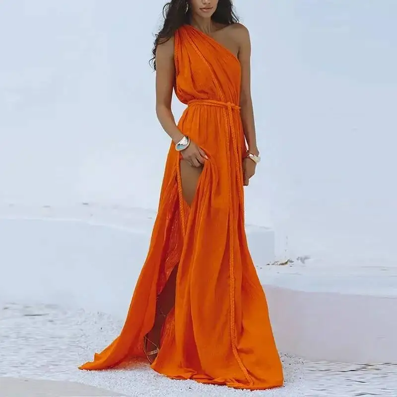 

Sexy Hollow Off Shoulder Solid Party Dress Women's Fashion Diagonal Neck Bikini Cover Up Dress New Beach Strap Split Long Dress