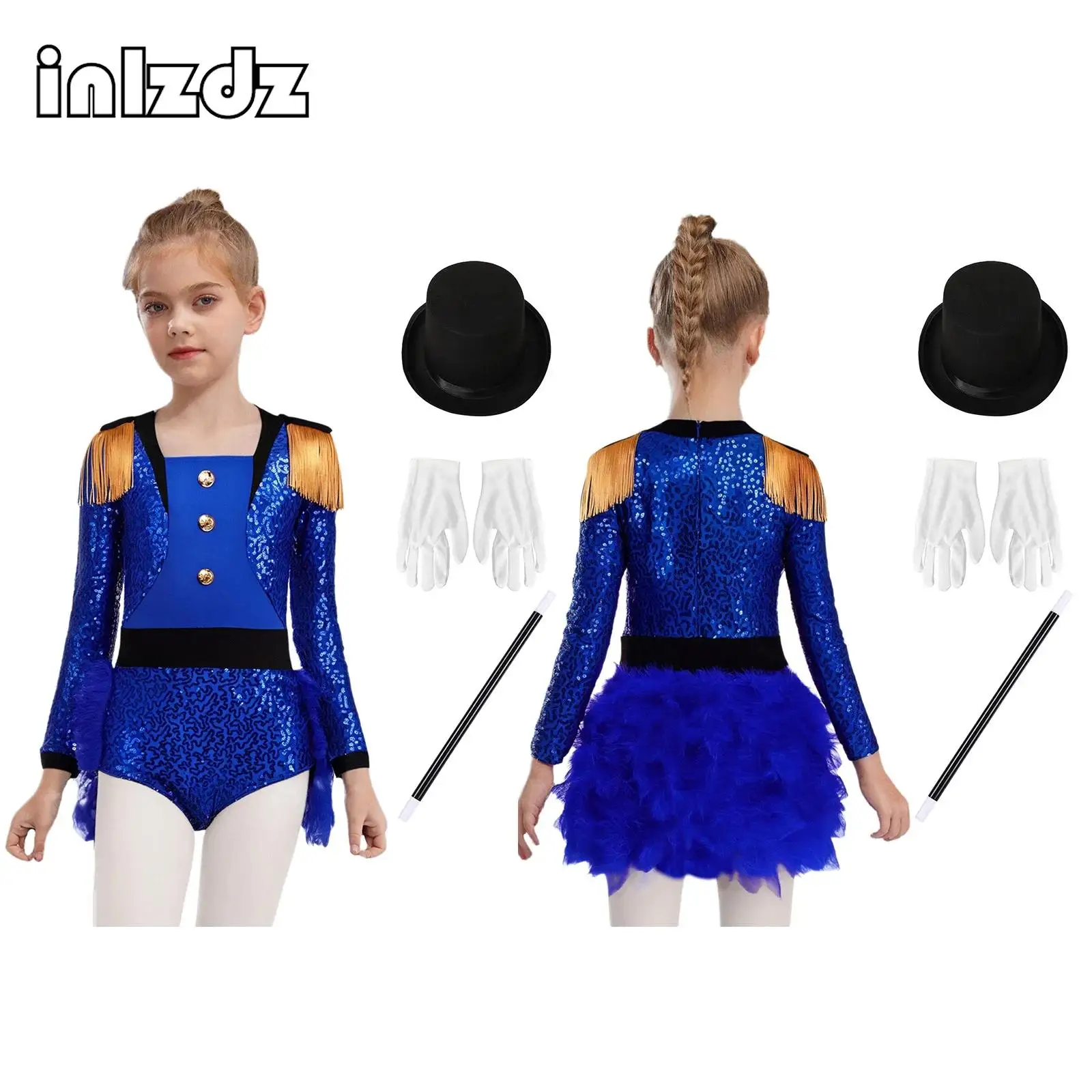 

Girls 4Pcs Circus Sequins Costume Shoulder Tassels Long Sleeve Feathered Jumpsuit And Accessories Halloween Cosplay Party Outfit