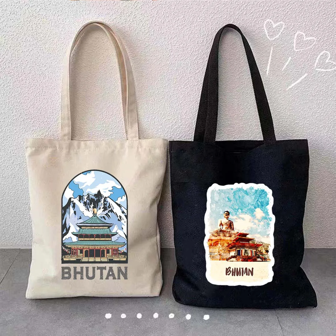 Vintage Bhutan Country Kingdom Asia Asian Flag Emblem Bhutanese Shark Love Heart Flag Football Passport Canvas Tote Bag Handbags