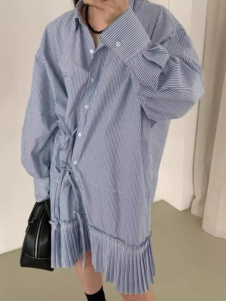 Retro Chic Autunno Lungo Sve Striped Dr Loose Fit Fisarmonica Piega Lato Legato Patchwork Allentato Colletto rovesciato Coreano Sle