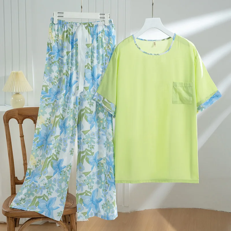 Cotton Rayon Pajamas For Women Spring Summer Sleepwear New Short Sleeved Long Pant Two-Piece Set Casual Printed Home Clothes