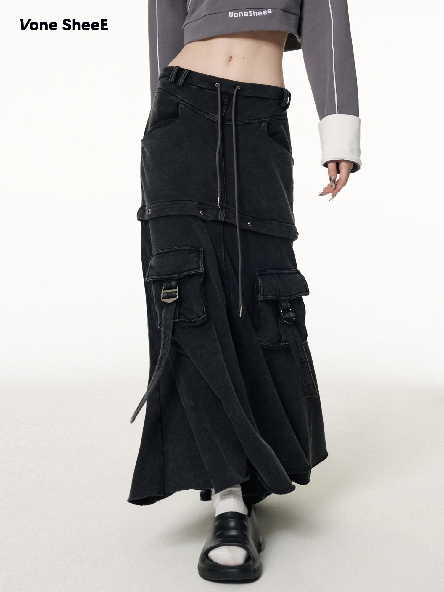

Серая длинная съемная юбка Vone SheeE в уличном стиле для женщин, повседневная хлопковая юбка А-силуэта для работы