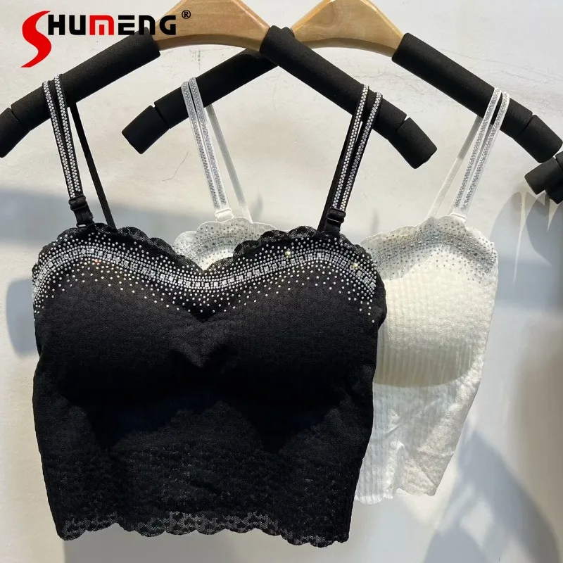 

2024 Summer Ice Silk Camisole Inner Backless Unique with Chest Pad Colorful Diamond Tube Top Outer Wear Short Slings Y2k Clothes