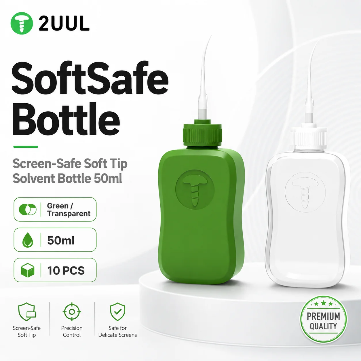 2UUL CL51 CL52 SoftSafe Bottle 10PCS 50ml Screen-Safe Soft Tip Solvent Dispenser for Phone Repair Green Transparent