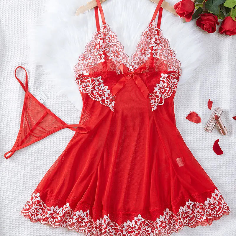 Lace Tulle Nightgown Transparent Homewear Red Sexy Clothing Night Dress V-Neck Delicate Bra Erotic Set With Thong Plus Size XXL