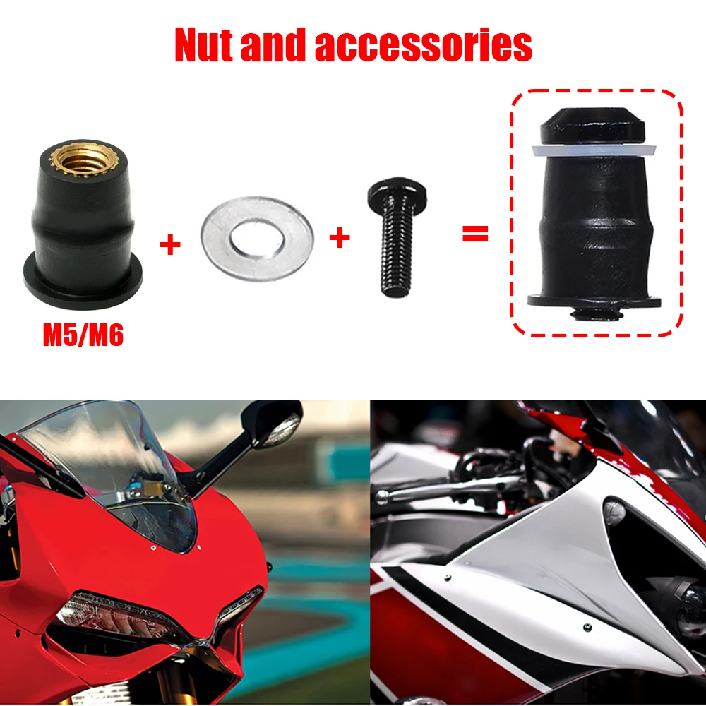 10/30Pcs M5 M6 Well Nut  Metric Rubber Motorcycle Windshield Rubber Rivet Nut with Accessories for Honda for Suzuki