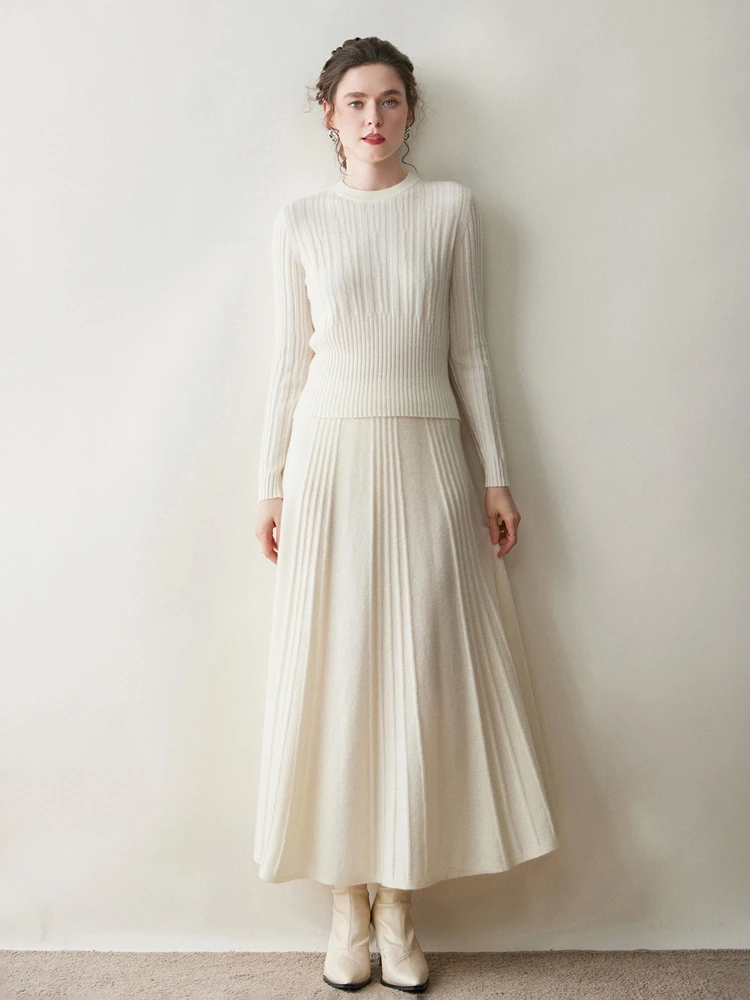 Autumn Winter Woman's 100% Cashmere Skirt Elegant A-Line Pleated Ankle-Length High Waisted Soild Versatile Knit Dress High-end
