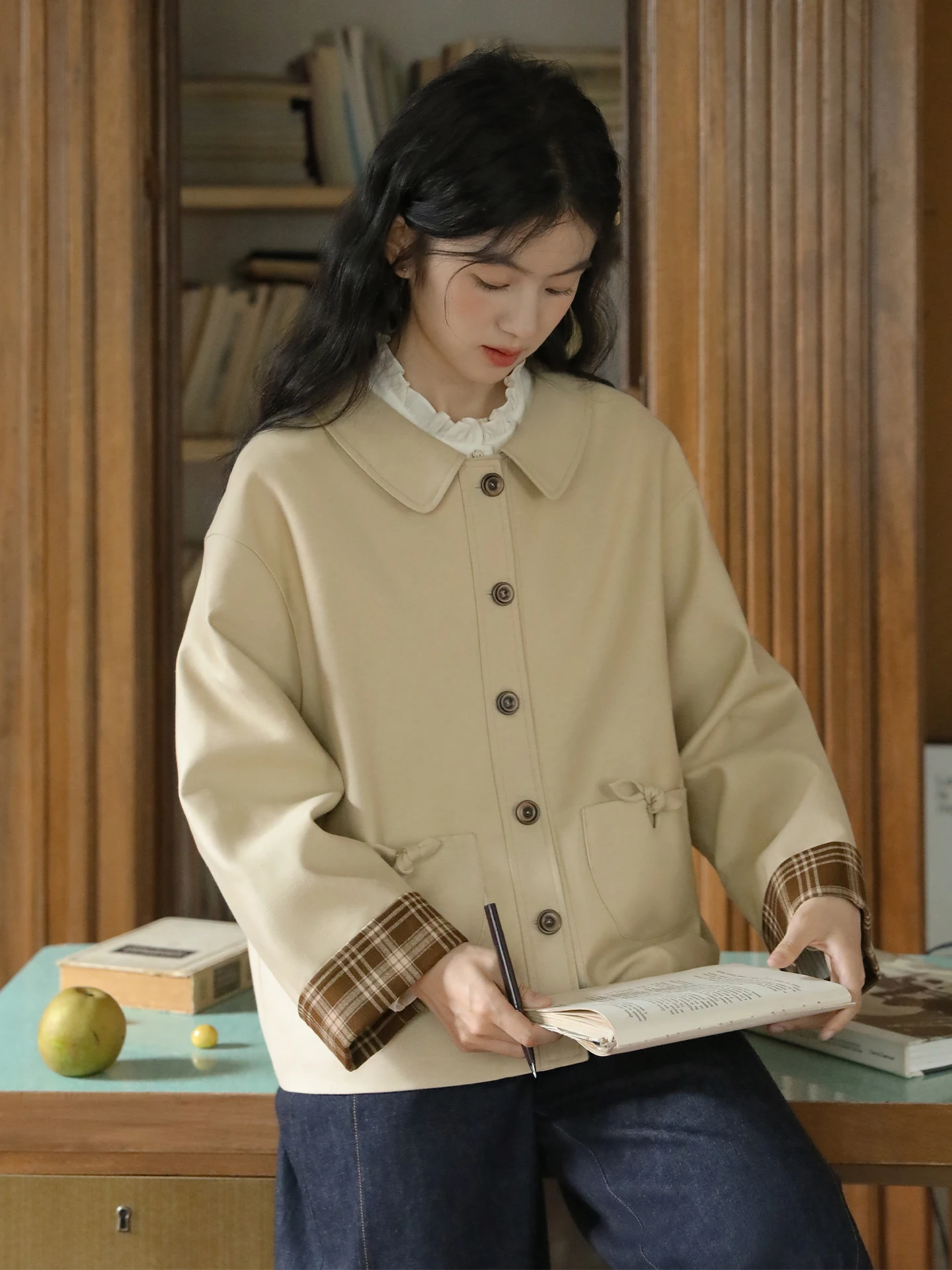 

Nesoulum Khaki Sve Plaid Splicing ort Sle Women's Loose Outerwear Spring Artistic Retro Top Casual Windbreaker Coat