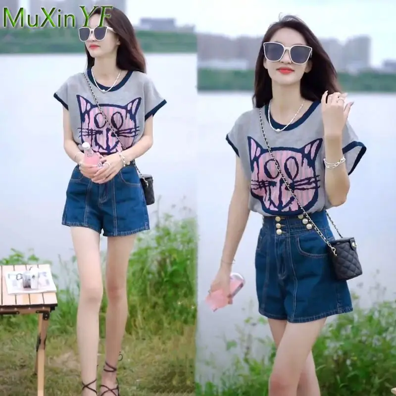 Women Summer Cute Cat Ice Silk T Shirts Korean Lady Fashion Thin Breathable Tops Slim High Waist Denim Shorts Sets Pants Outfits