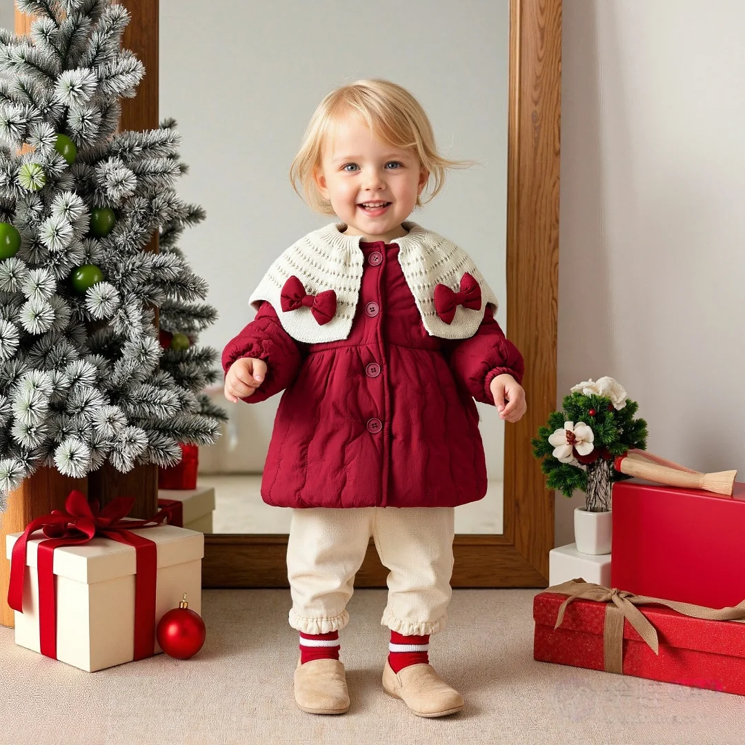 

Baby Girl Coat Winter Fleece Bow Tie Color Block Collar Button Girl Tops Cute Warm Girl Jacket Baby Clothing