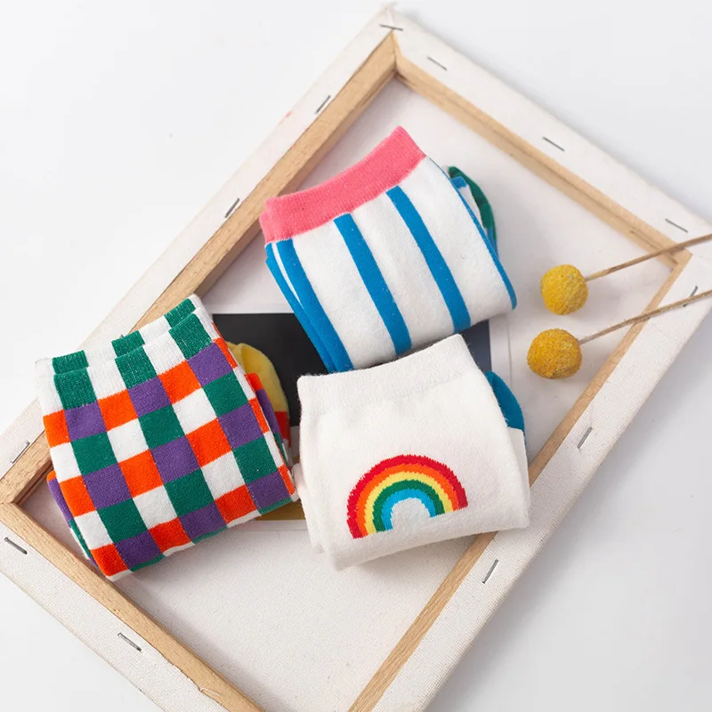 Combed Cotton Socks with Checkered Rainbow Stripes - Trendy Mid-length Socks for Autumn and Winter, Suitable for Casual Wear.