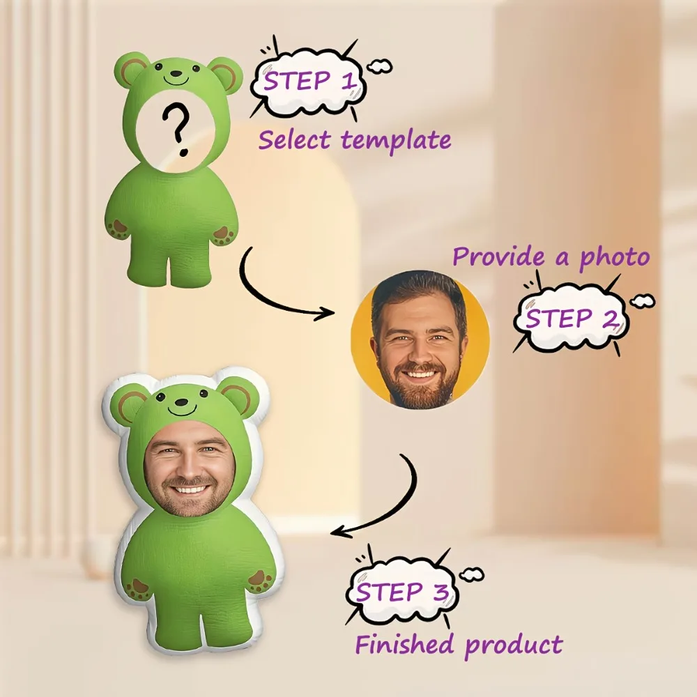 Customized Green Teddy Bear Pillow - Personalized with Photo Insert, Suitable for Friends, Family, Father's Day, Mother's Day |   The Perfect Gift for Halloween, Christmas Eve, Valentine's Day, Birthdays, Anniversaries, Thanksgiving, Easter, April Fool's Day, and National Day.