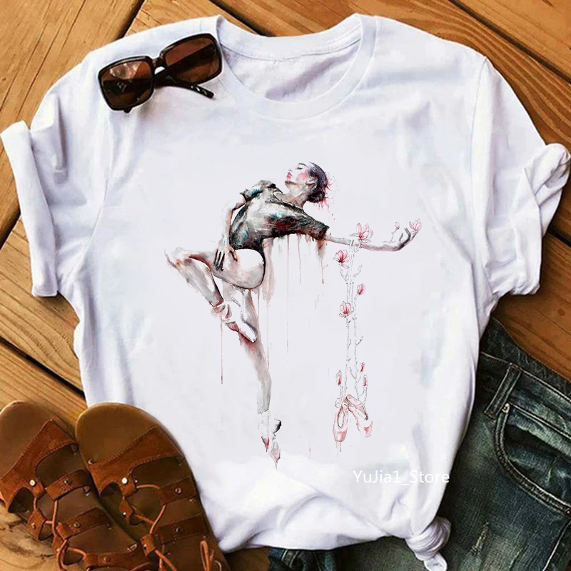 T-Shirt manches courtes Femme, estival et esthétique, avec imprimé de ballerine, aquarelle