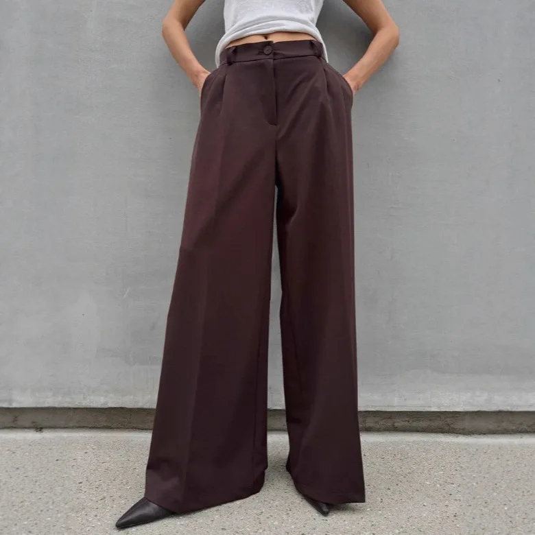 Retro Fashion Wide Leg Pants Women's Spring Autumn High Waist Button Floor-length Draped Pants Elegant Straight Casual Trousers