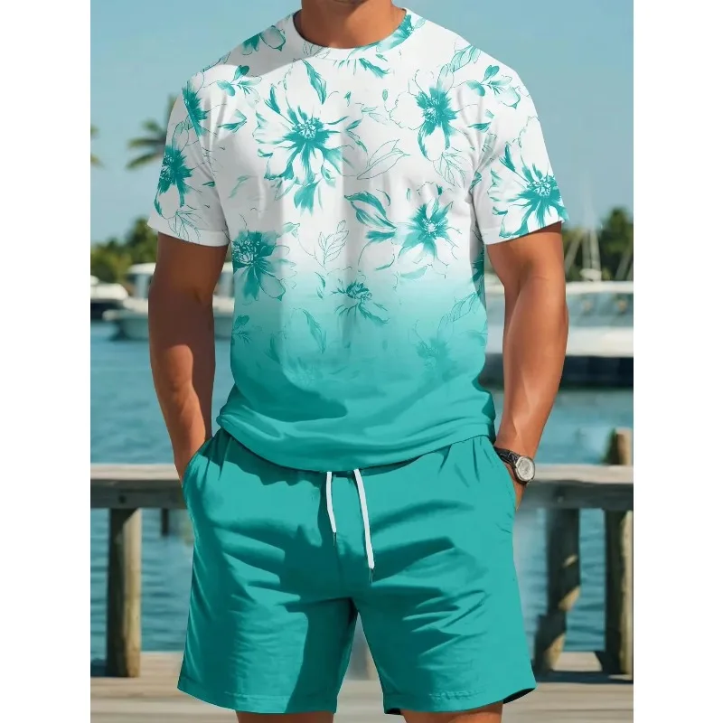 2025 Summer Men's Sportswear T-shirt Set 3D Printed Tropical Floral Women's Round Neck Short Sleeved Shorts Beach Vacation Suit