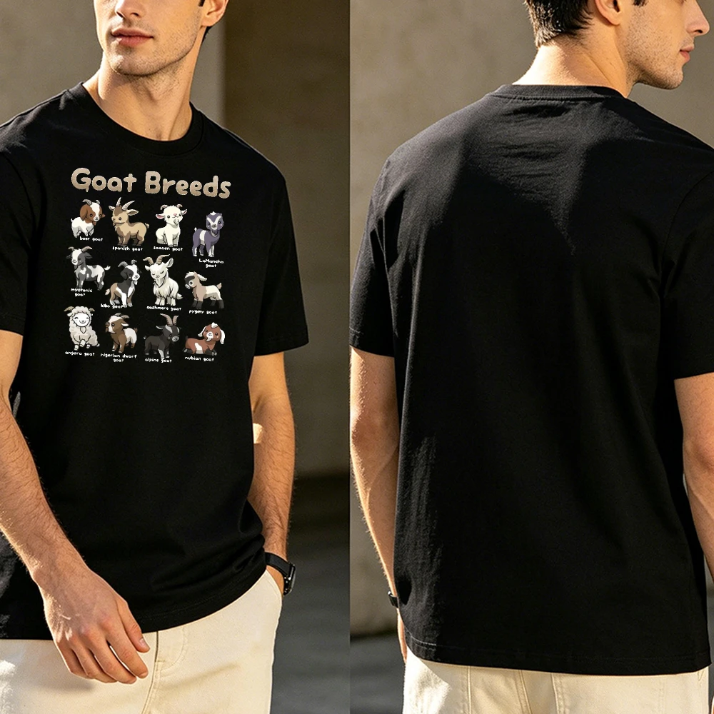 Cartoon Goat Breeds Chart T Shirt Men Women Multi Variety Labeled Goat Print Cotton Crew Neck Farm Casual Short Sleeve Top