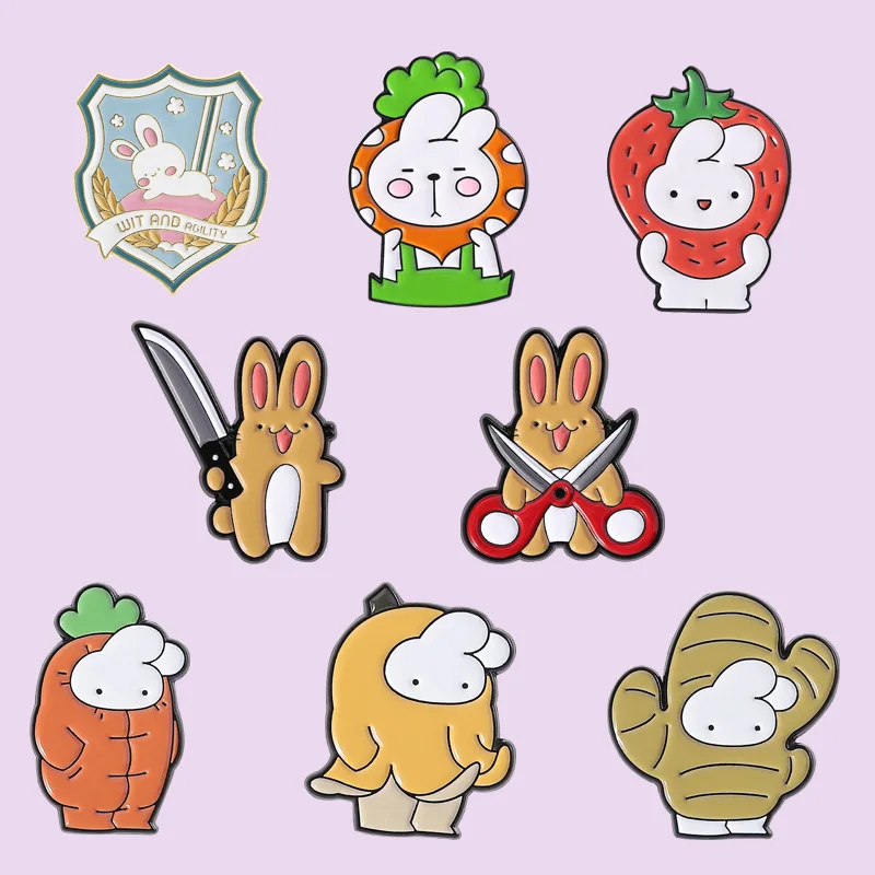 8pcs Cute Funny Rabbit Enamel Pin Set Scissors & Vegetable Costume Brooches for Backpack Clothing Jewelry ﻿