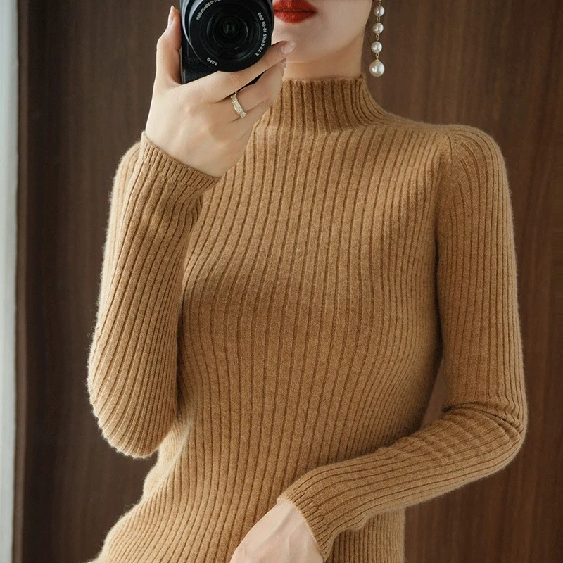 

Autumn Winter Half High Collar Knitted Sweater Women 2025 Elegant Solid Ribbed Sweater for Women Warm Pullover Jumper Woman