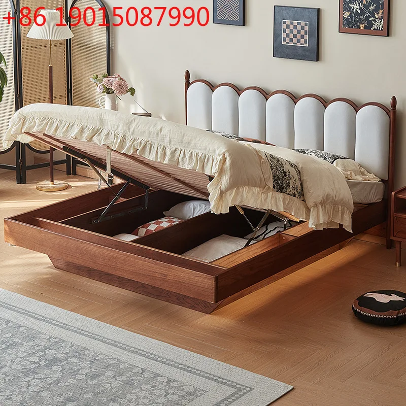 

Мягкая сумка из цельного дерева, кремовая французская ретро-кровать с ветровой волной, главная спальня, подвесная двуспальная кровать для хранения вещей