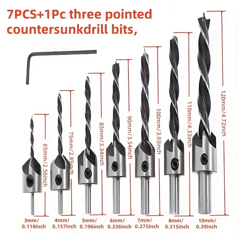 8pcs,Woodworking Countersink Drill Bit Set,with Wrench,3mm~10mm,Three Point Drill Bits,Drilling Hole Tools,for Chamfer&Ream