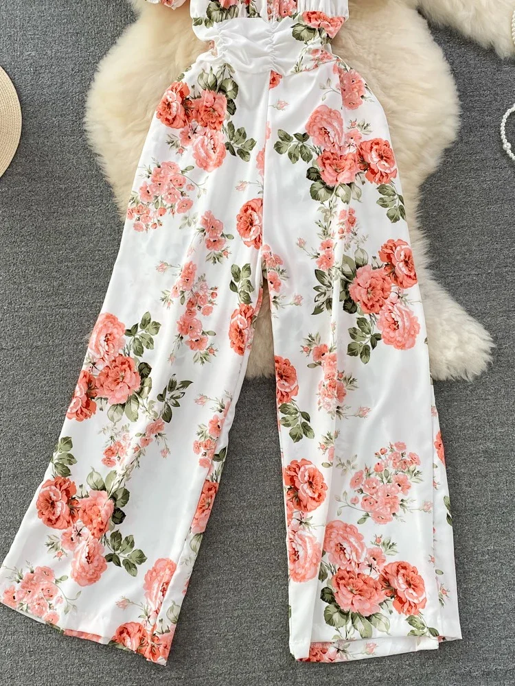 Sommer böhmischen Frauen quadratischen Kragen Blumen gedruckt hohe Taille Overall Strand urlaub elegante kurze Puff ärmel Rüschen Stram pler