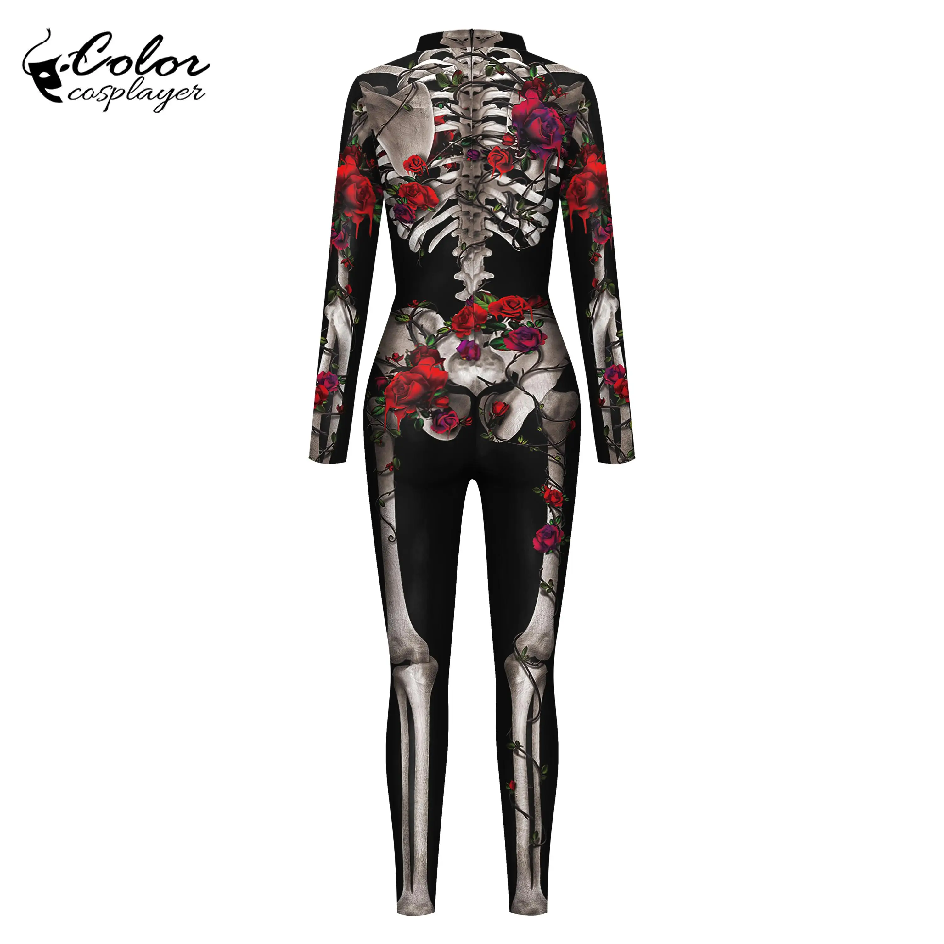 Farbe Cosplay Halloween Skelett Overall Gothic Rose Muster Bodysuit Karneval Hexe Geist Cosplay Kostüm Party Zentai