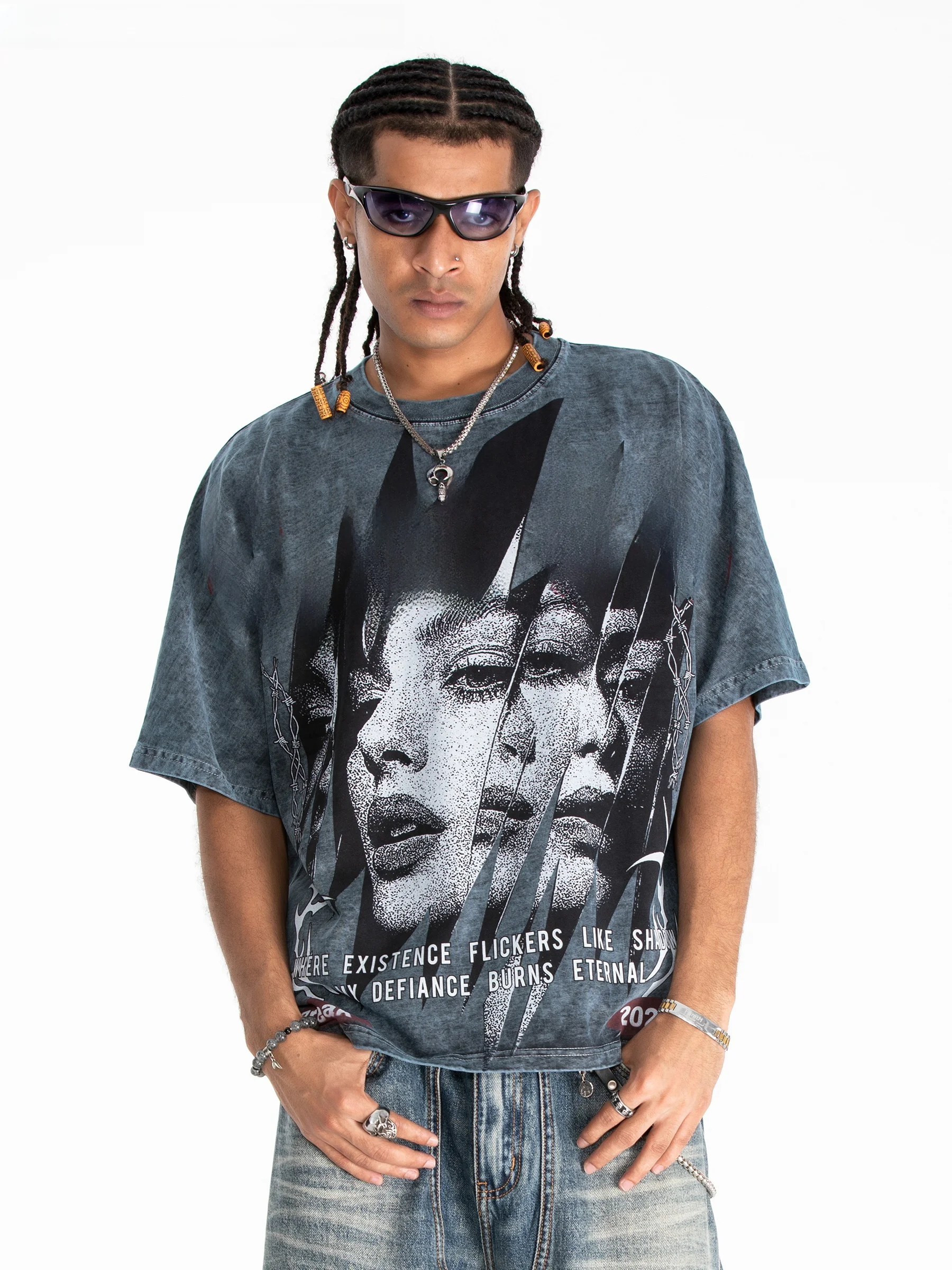 Onesevenine Original Print Loose Shoulder T-Shirt Pure Cotton Short Sleeve Short Style Summer Breathable Casual Fashion for Men